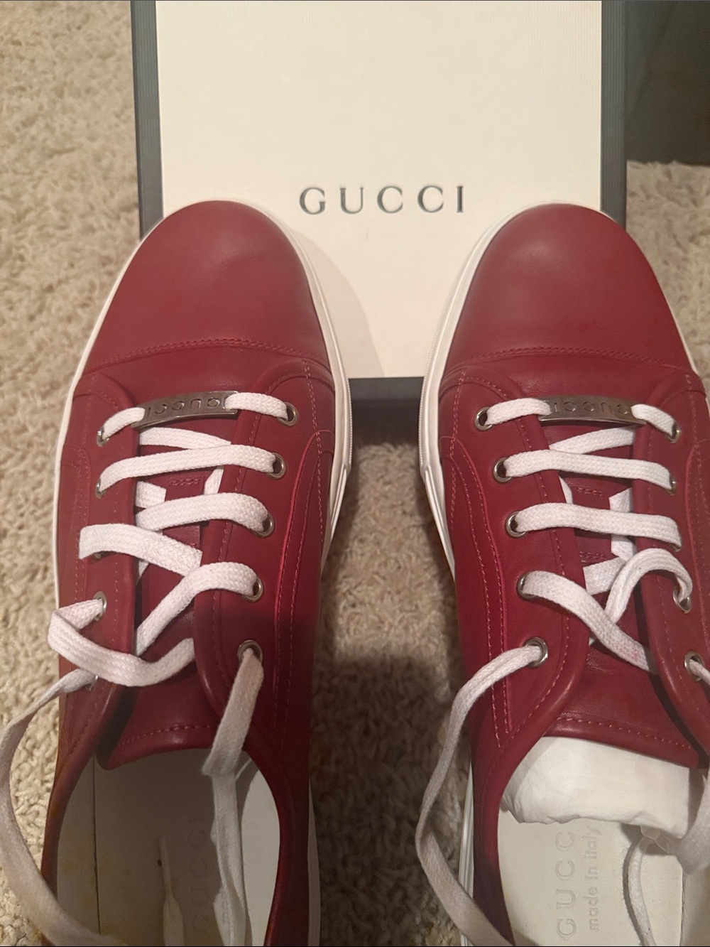 Gucci Red Leather Low-Top Sneakers with White Laces